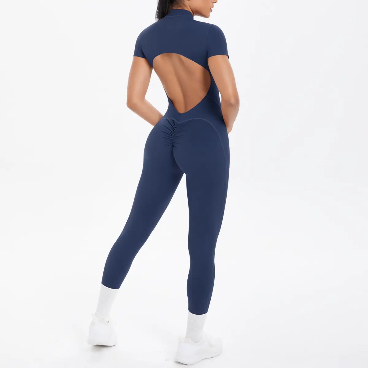 Backless scrunch jumpsuit for women, Simples Market navy blue with cutout back for dance fitness