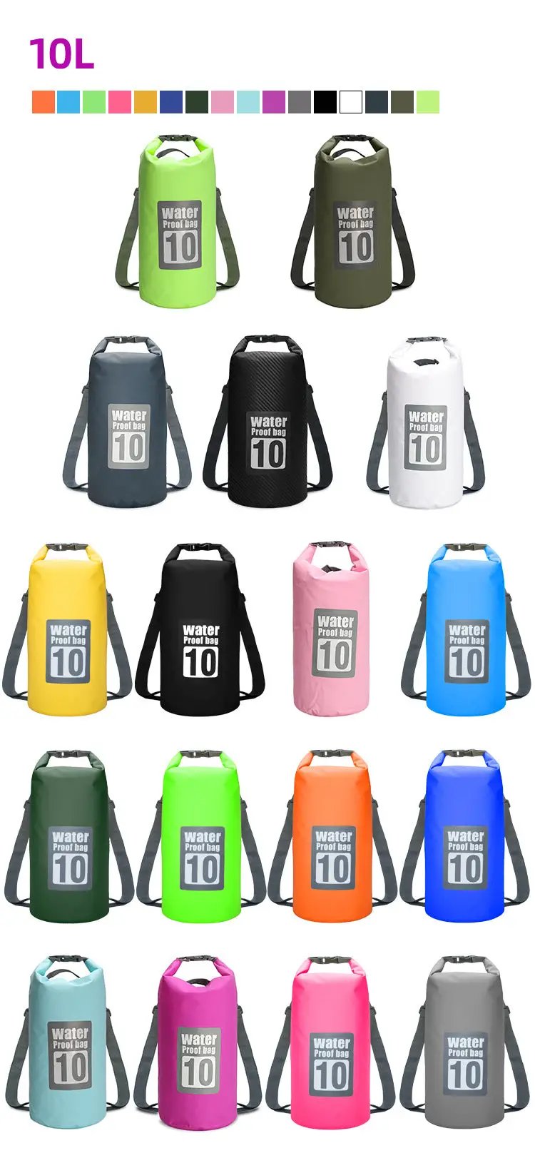 10L PVC waterproof dry bags, double-shoulder design, assorted colors, 20-pack by Simples Market