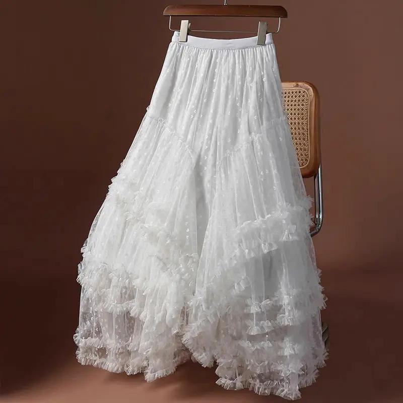 Women's long white mesh heart-printed tulle A-line skirt with layered ruffles