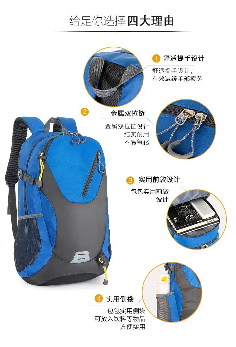 Classic 40L waterproof outdoor backpack by Simples Market in blue with gray panels and dual zipper pulls.