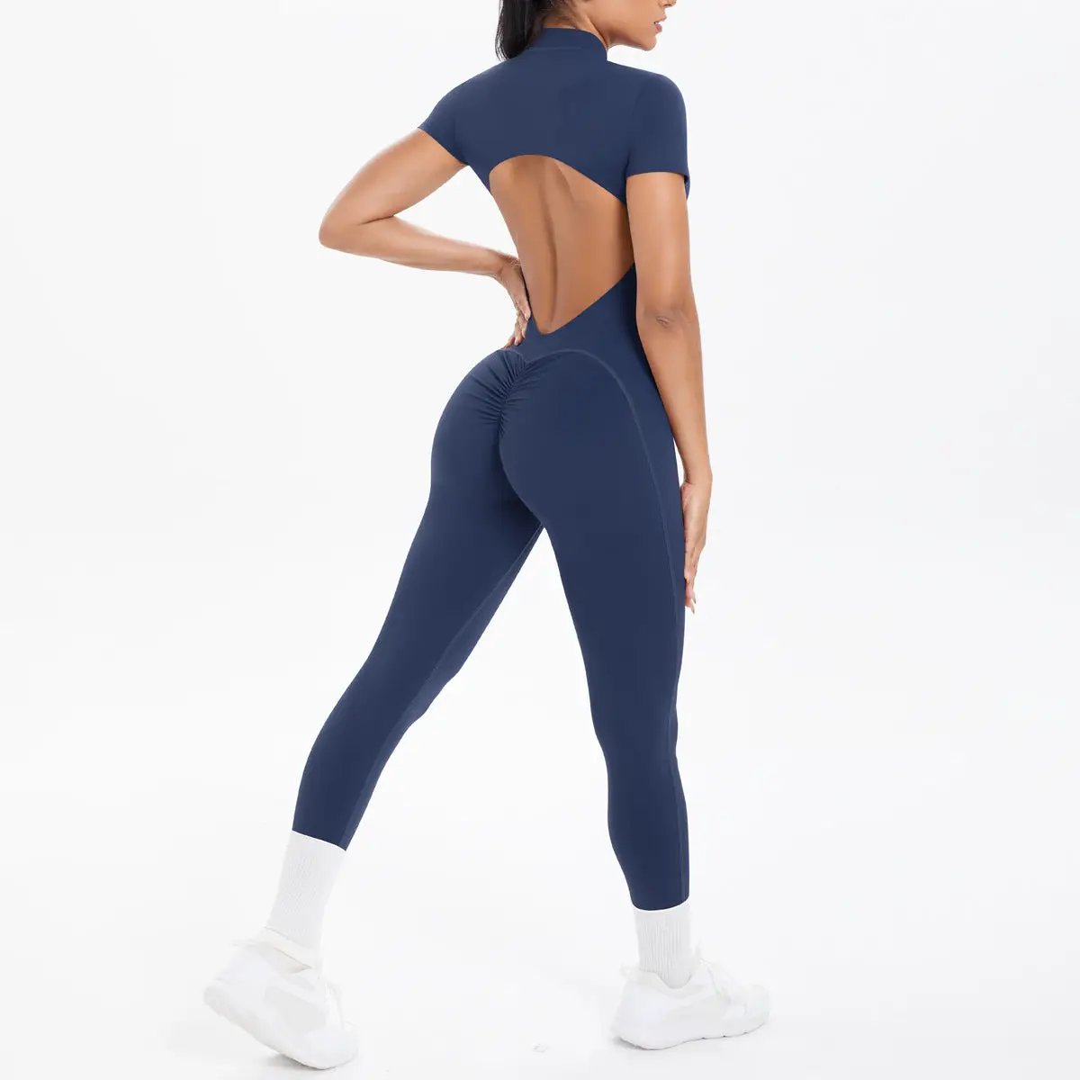 Simples Market navy backless scrunch jumpsuit for women, open-back bodycon one-piece with ruched rear