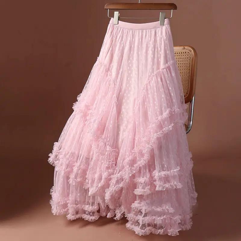 Long pink mesh heart-printed tulle skirt with elastic high waist and layered ruffles Simples Market