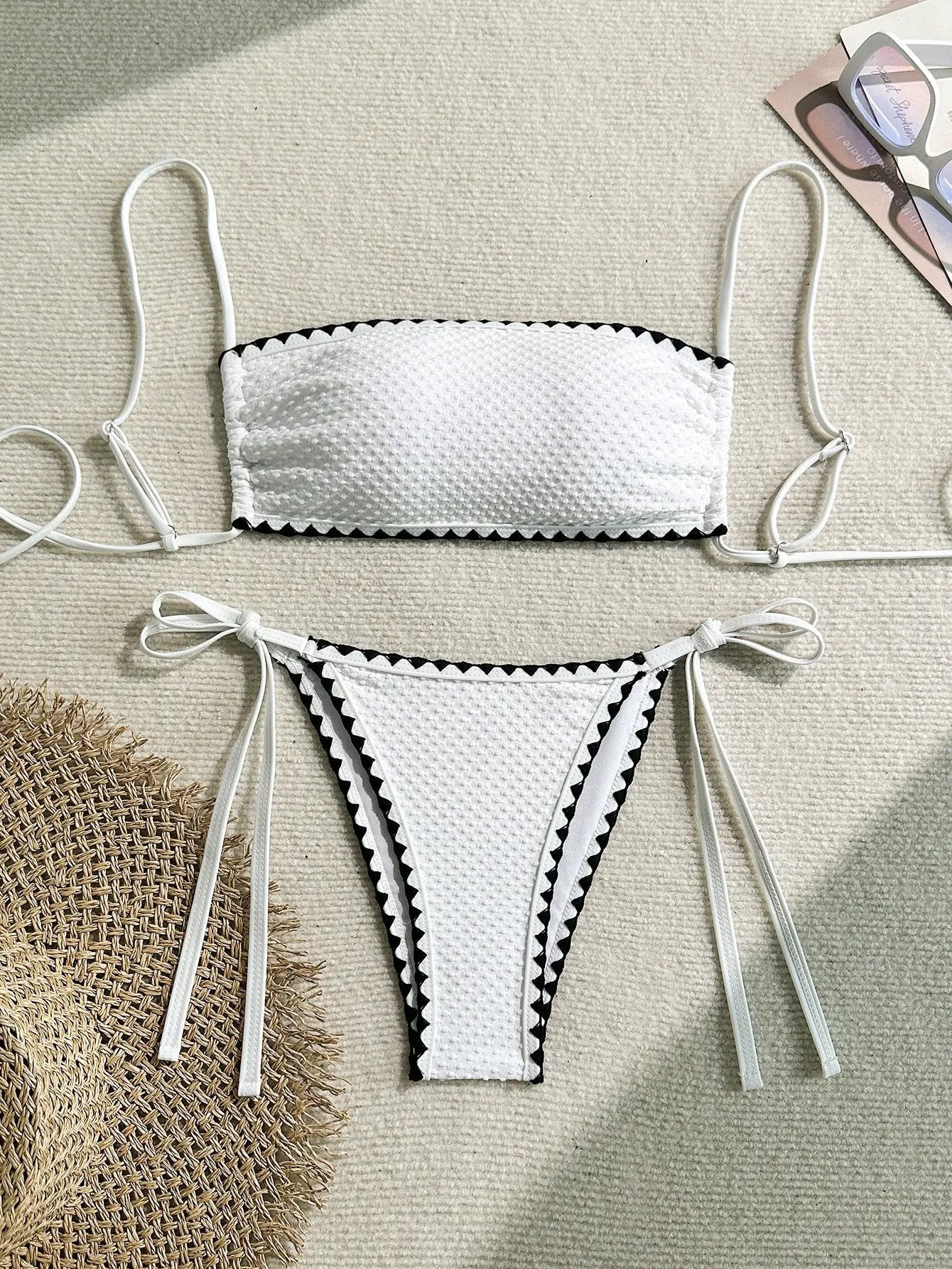 Simples Market white 2-piece strapless bandeau bikini set with textured fabric and black zigzag trim