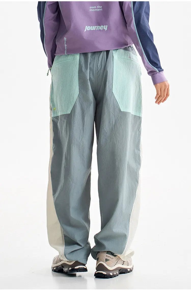 Men's outdoor cargo pants, lightweight quick-dry fabric, ultra-loose wide-leg with pastel color-block panels