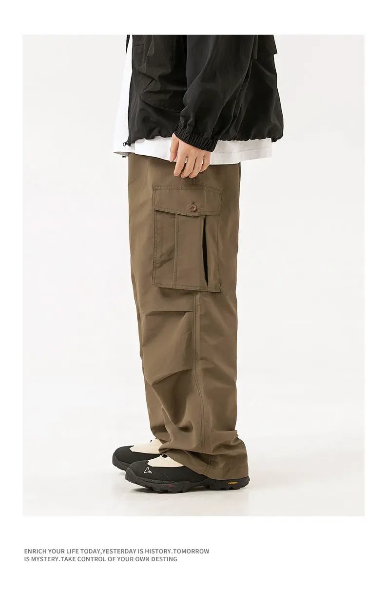 Simples Market Ultra Loose Outdoor Cargo Pants, olive brown, wide-leg with large button-flap cargo pocket