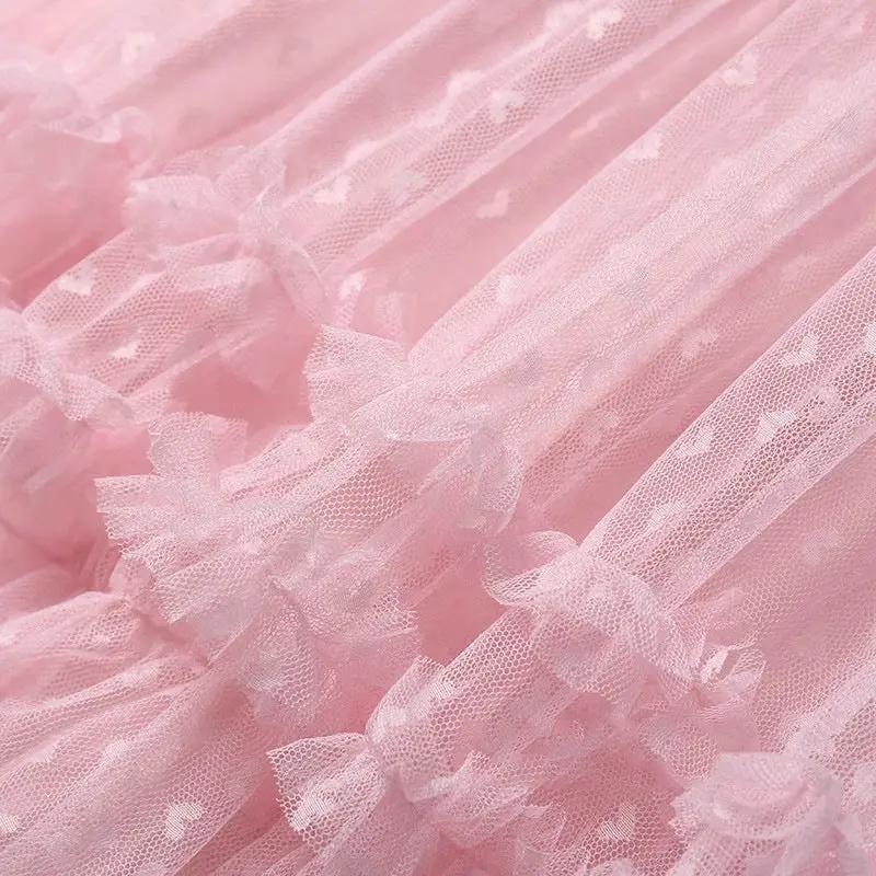 Simples Market pink mesh heart-printed tulle skirt with ruffle detailing