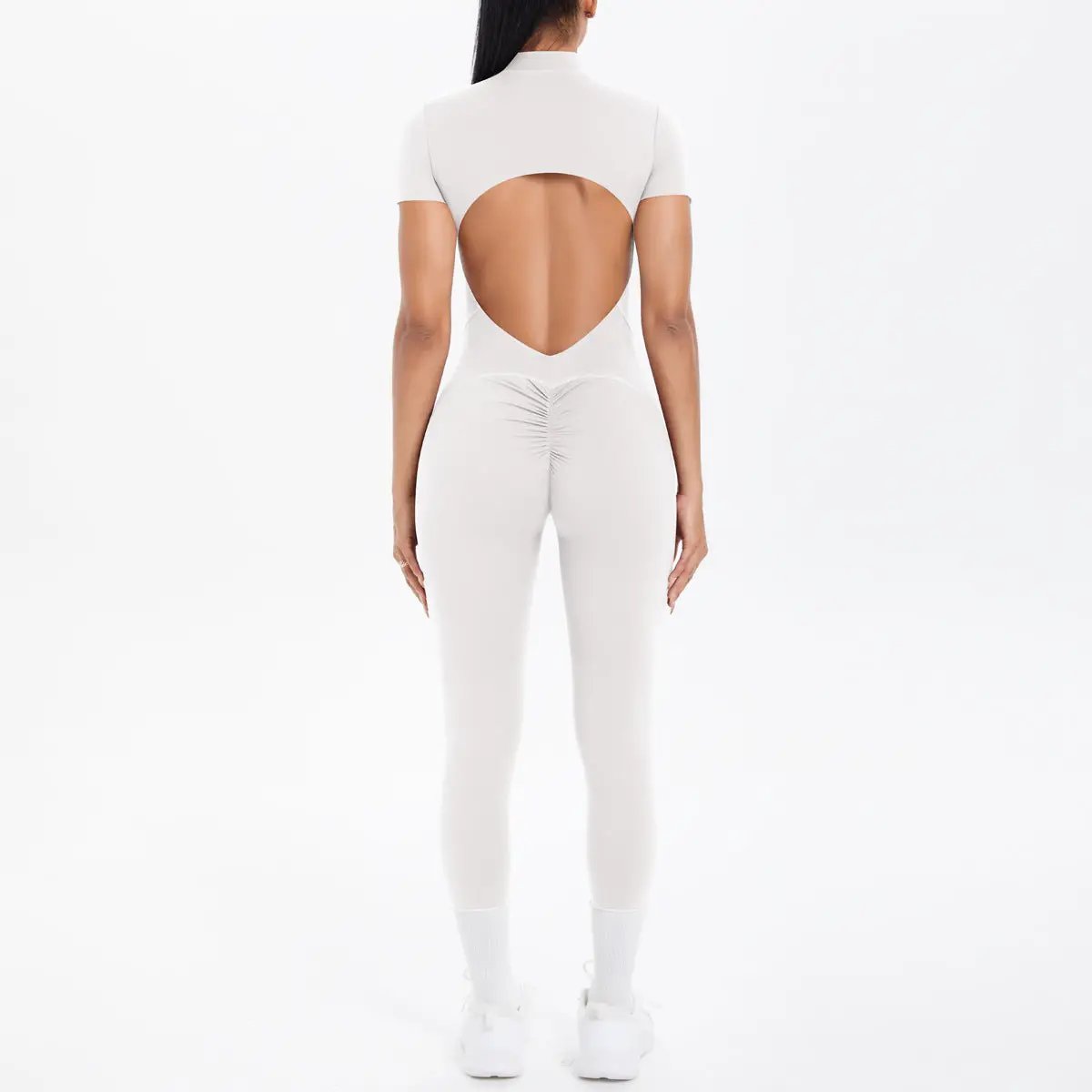 White backless bodycon scrunch jumpsuit for women, dance fitness wear.