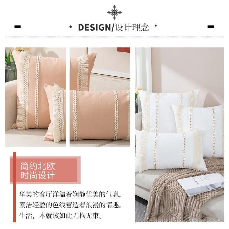 Simples Market Bohemian pillowcase set; macaron pink and white knitted throw pillow covers with tassel trim