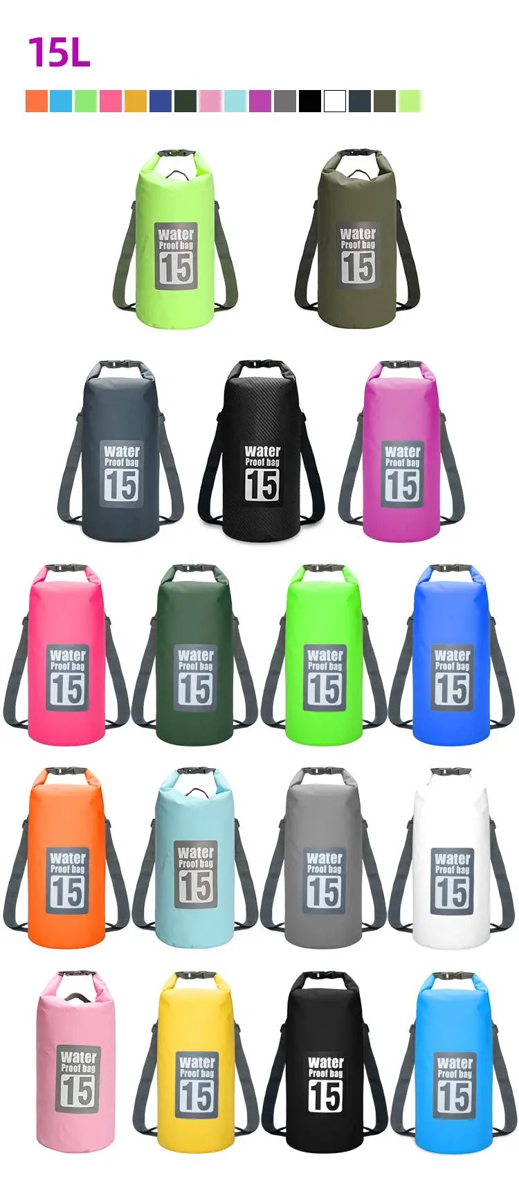 Simples Market 15L PVC waterproof dry bag with double shoulder strap in assorted colors