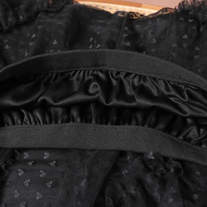 Black mesh heart-printed skirt with elastic high-waist and ruffle A-line design
