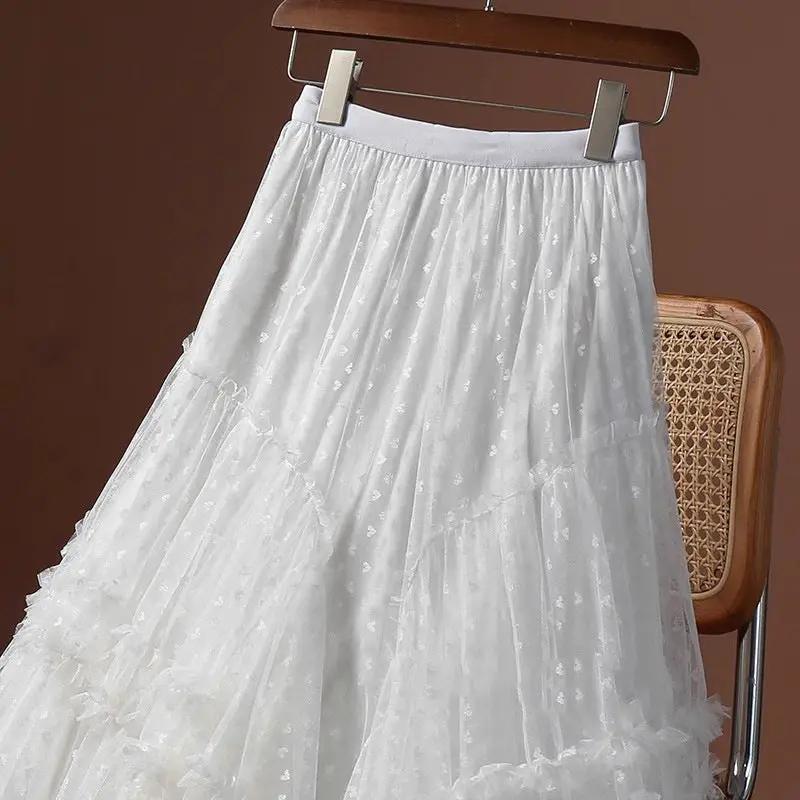 Women's high-waist mesh heart-printed tulle skirt, white, tiered A-line long summer party skirt