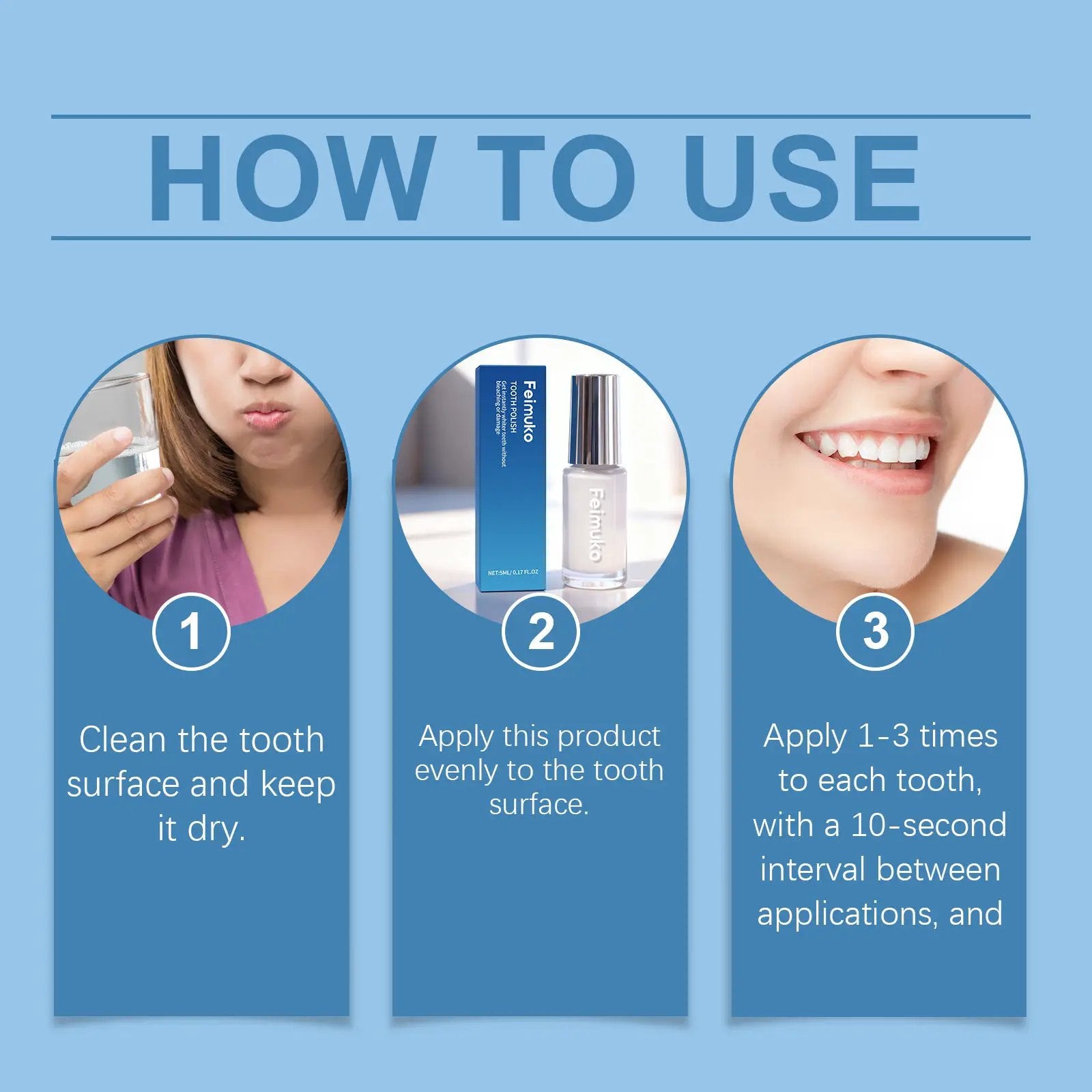 Simples Market 5ml tooth whitening paint how-to guide on blue background with three step panels