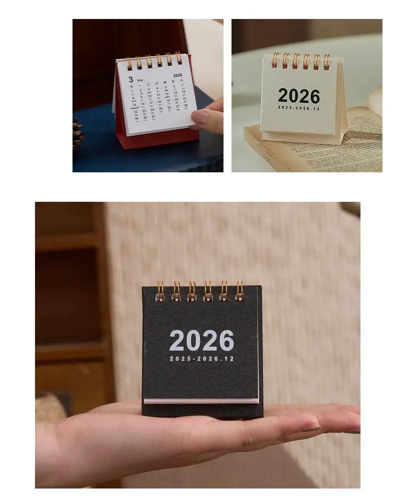 Three Simples Market mini desk calendars with copper coil binding in black, white, and beige styles for 2026.