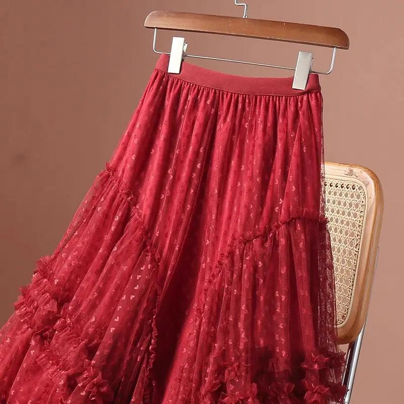 Skirt by Simples Market, red mesh heart-printed, high-waist elastic, long tulle A-line with ruffles