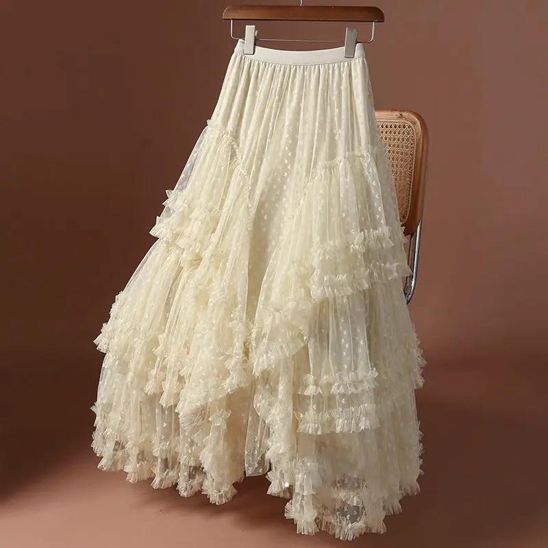 Ivory tulle layered ruffle skirt with elastic high waist, long A-line style
