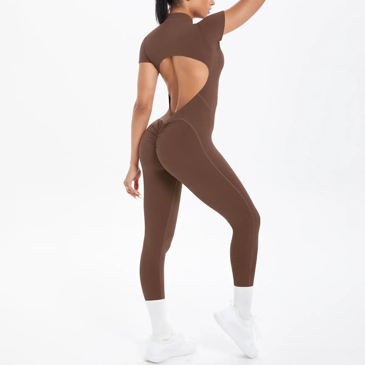 Sexy backless bodycon scrunch jumpsuit in brown for women with open-back design