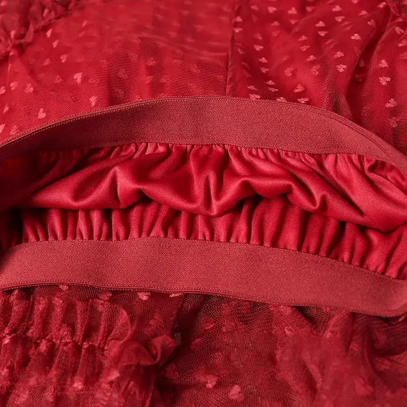 Women's red mesh heart-printed skirt with elastic high waist and gathered tulle details