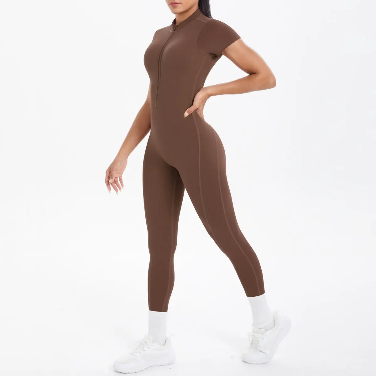 Brown backless scrunch jumpsuit for women, bodycon fitness overalls by Simples Market