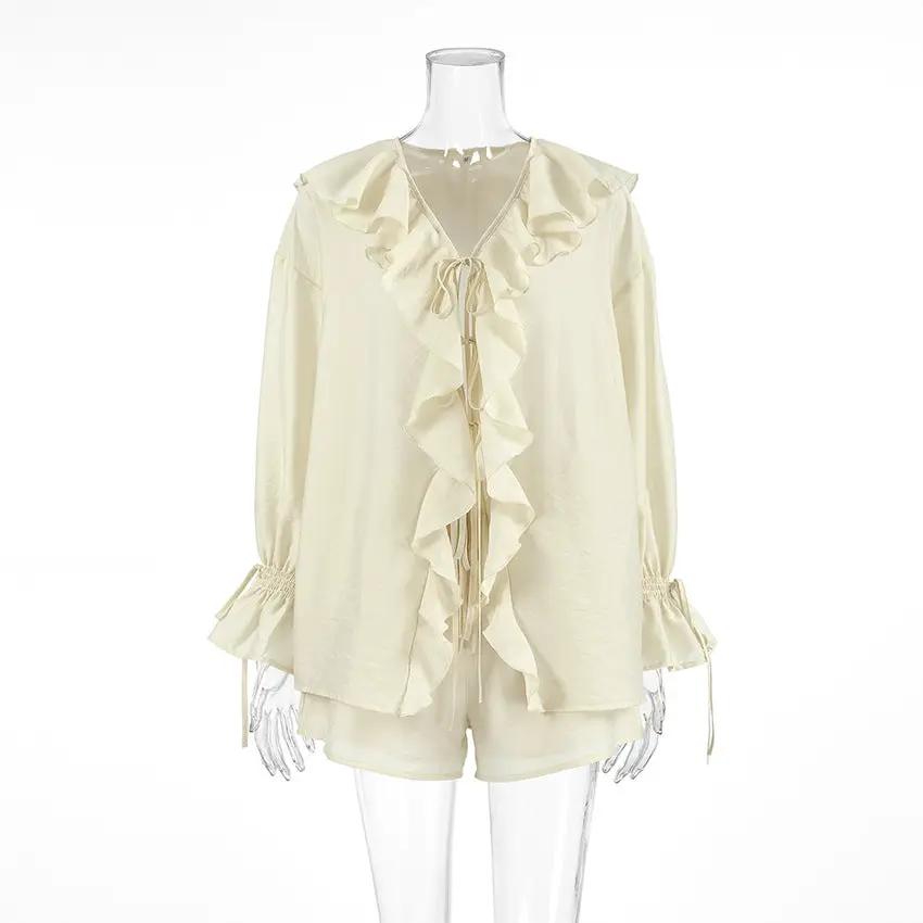 Tornova Womens Ruffled Shorts Sets V Neck Lace Up Shirt Spring Casual