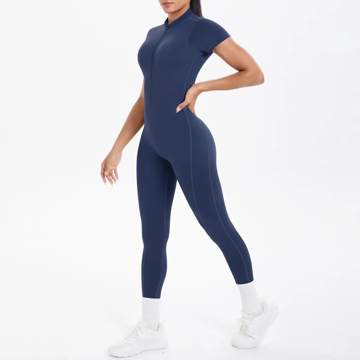 Bodycon jumpsuit for women in navy blue with front zipper and contour seams