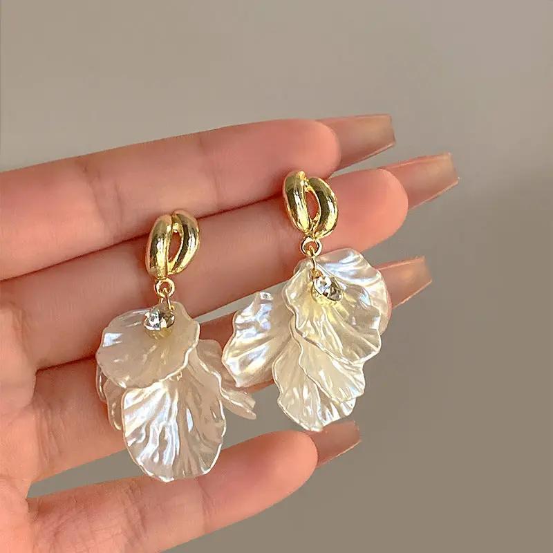 Shell flower pendant earrings with glossy pearl shell petals, gold hoops, crystal accents by Simples Market (pair)