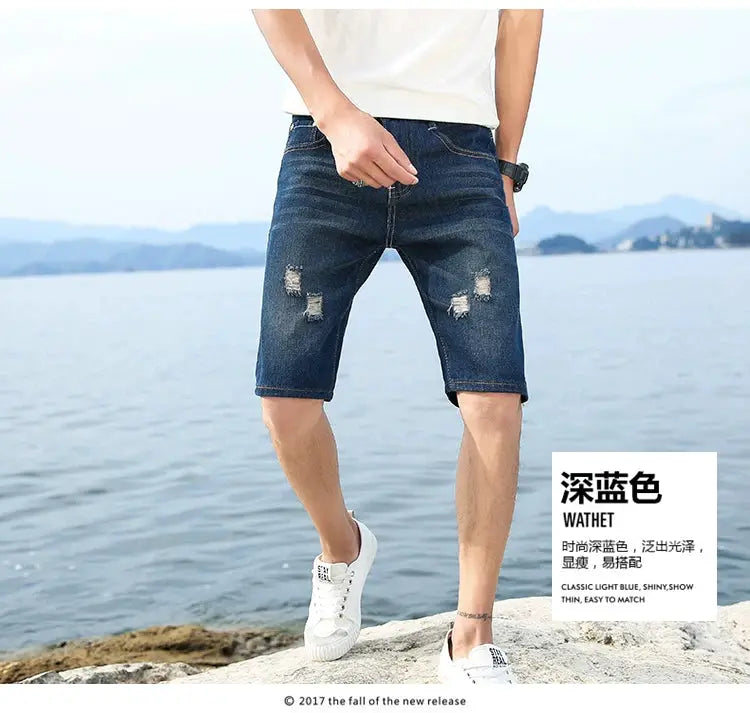 Simples Market men's dark blue denim shorts with distressed patches, knee-length casual wear
