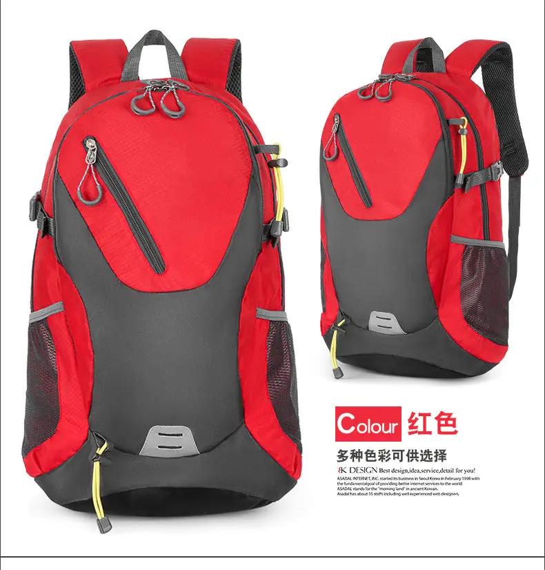 40L outdoor backpack red and gray waterproof with multiple zip pockets and mesh side pockets