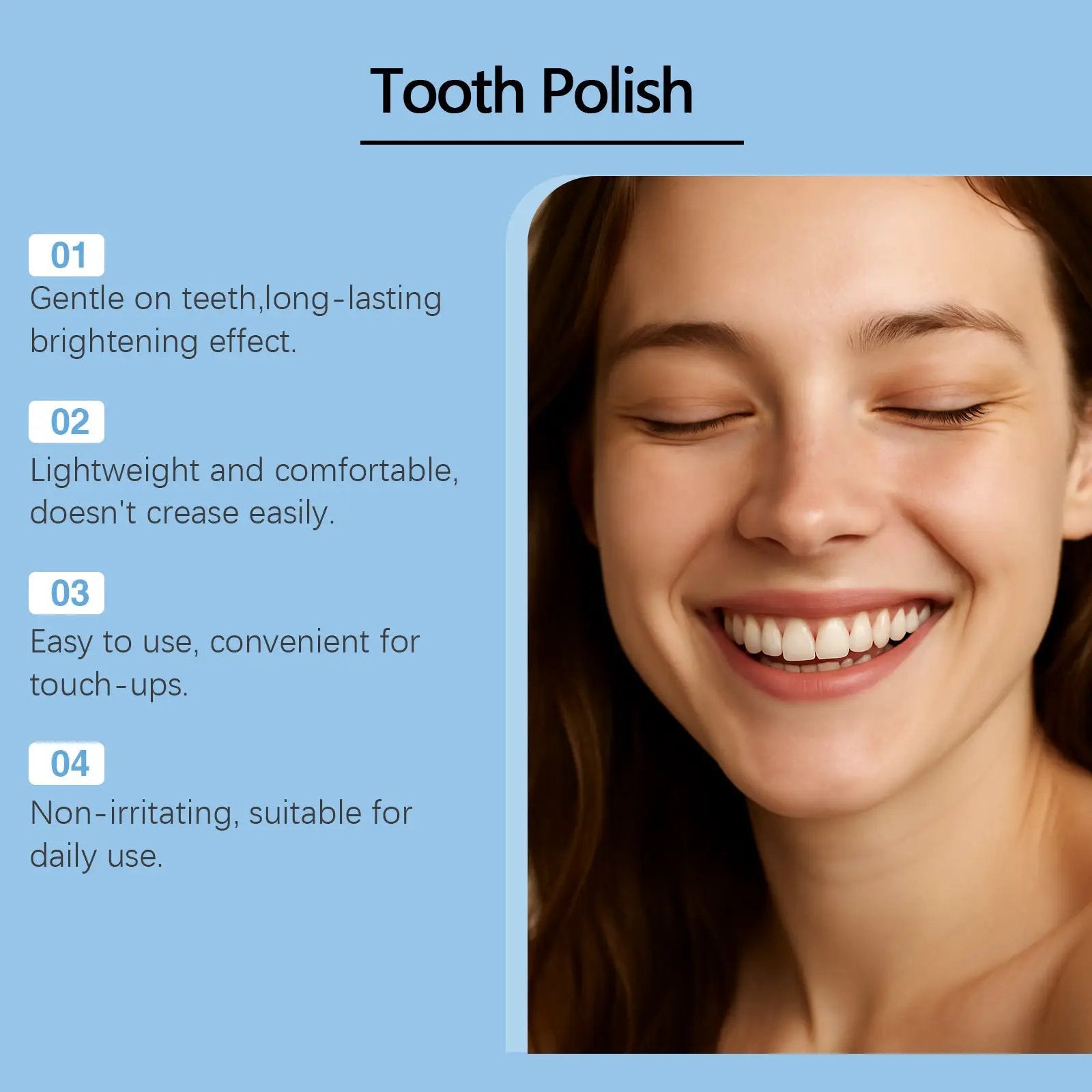 Tooth Polish infographic on blue background featuring a smiling woman with bright teeth.