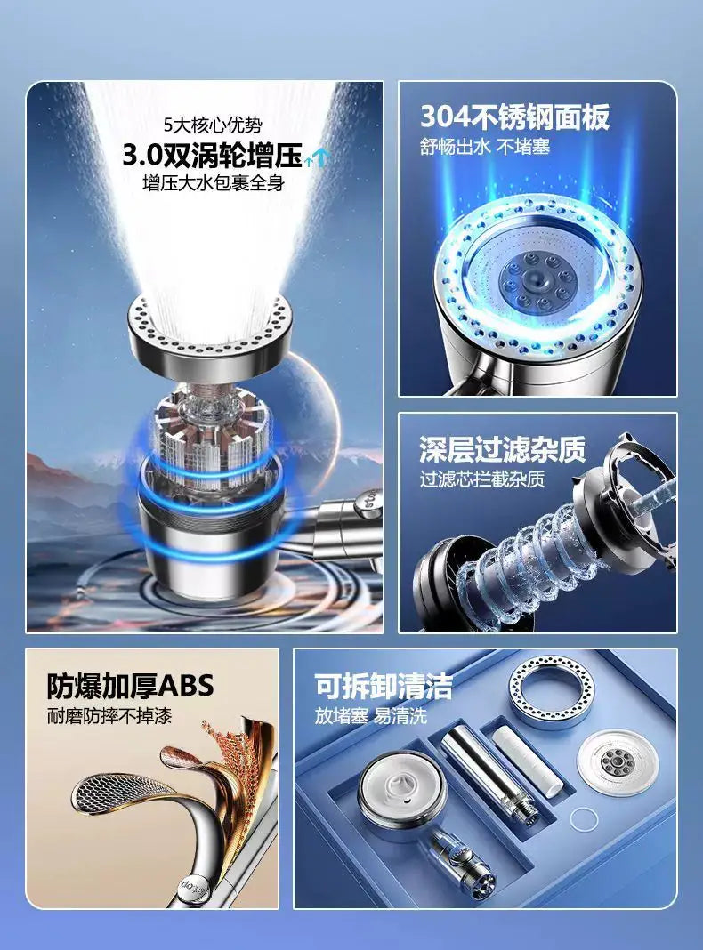Shower head with filter, 5 modes, pressurized spray; Simples Market, 304 stainless steel panel and removable filter.