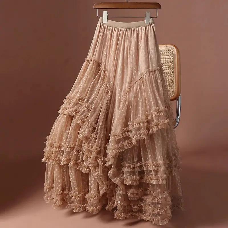 Long beige mesh heart print tulle skirt with elastic high waist and layered ruffles