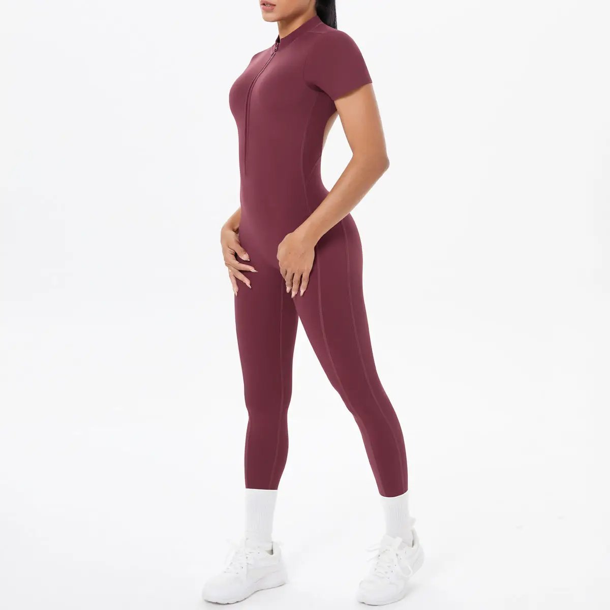 Backless burgundy bodycon scrunch jumpsuit for dance and fitness with short sleeves and front zipper