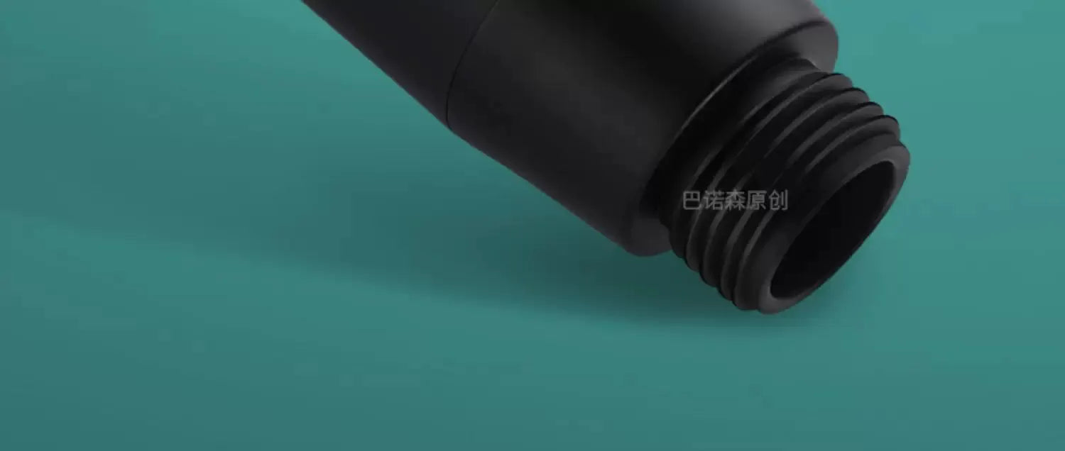 Black threaded shower hose connector, close-up view of the end.