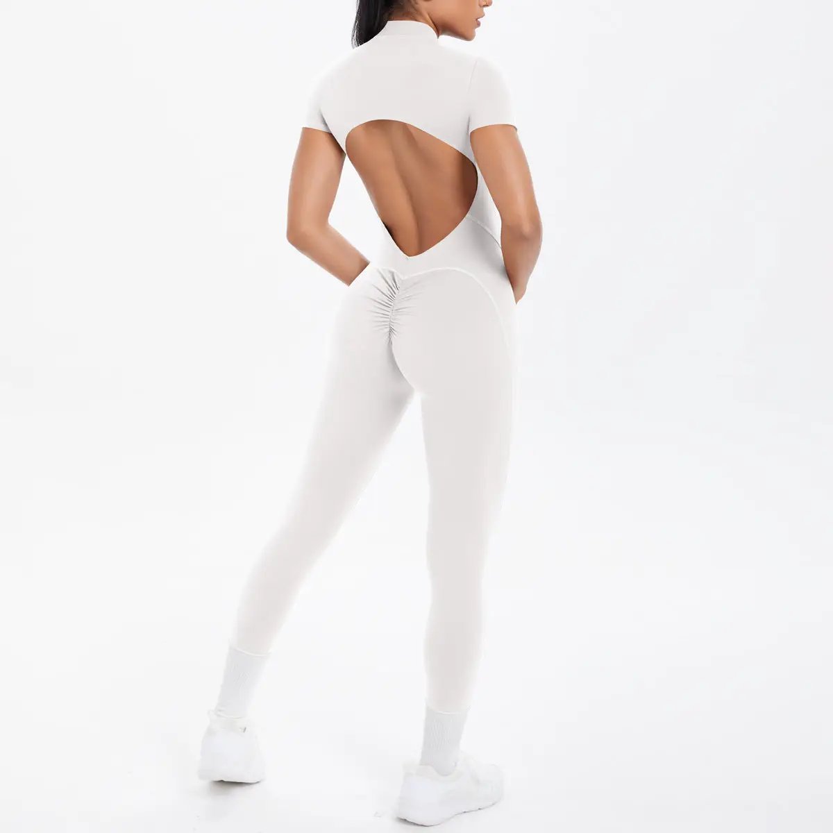 Backless white bodycon scrunch jumpsuit with cutout back by Simples Market