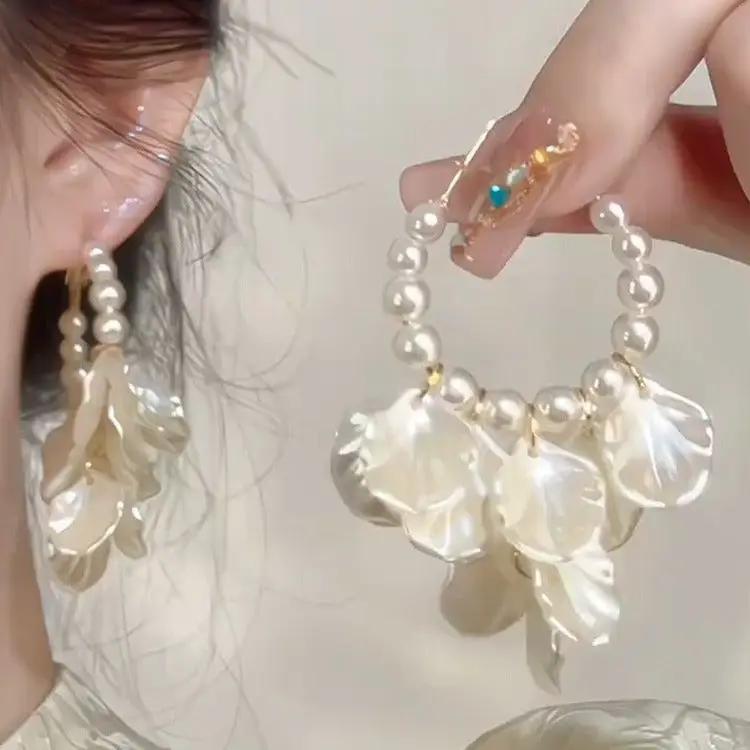Shell flower pendant earrings pair with white pearl hoop beads for women, glossy petal design