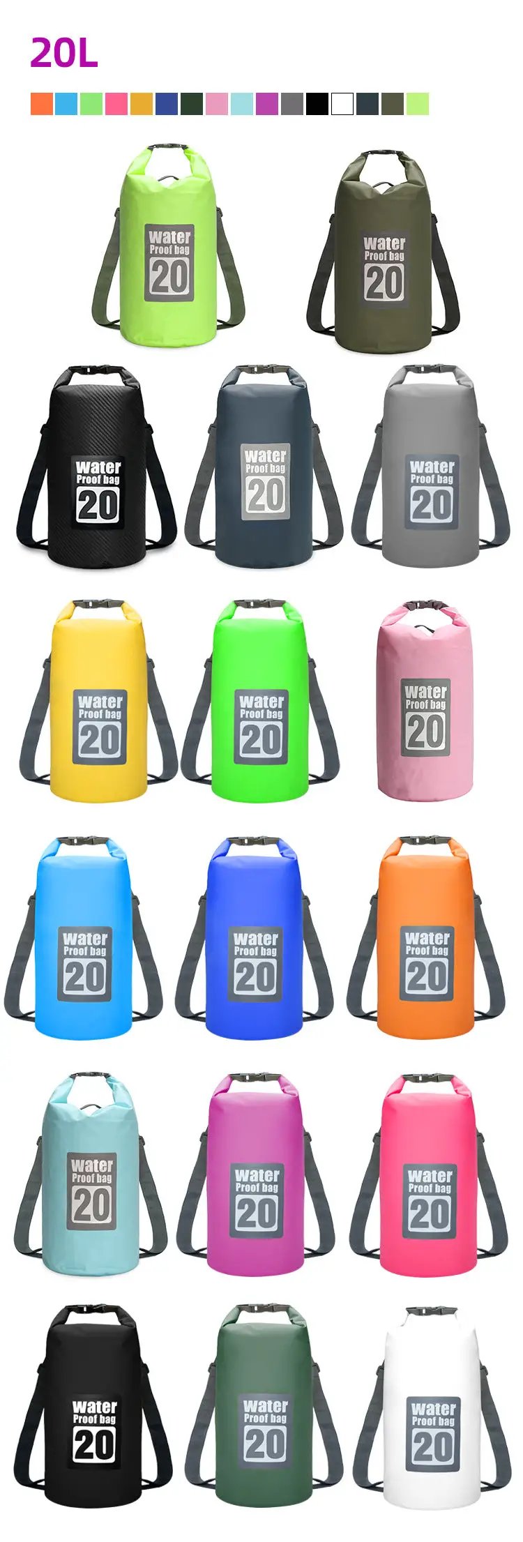 Simples Market 20L PVC waterproof dry bag set with adjustable shoulder strap in assorted colors