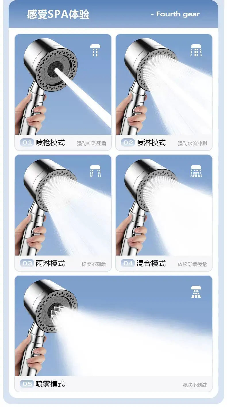 Simples Market 5-mode pressurized shower head with filter and stop button, chrome finish and water-saving spray nozzles