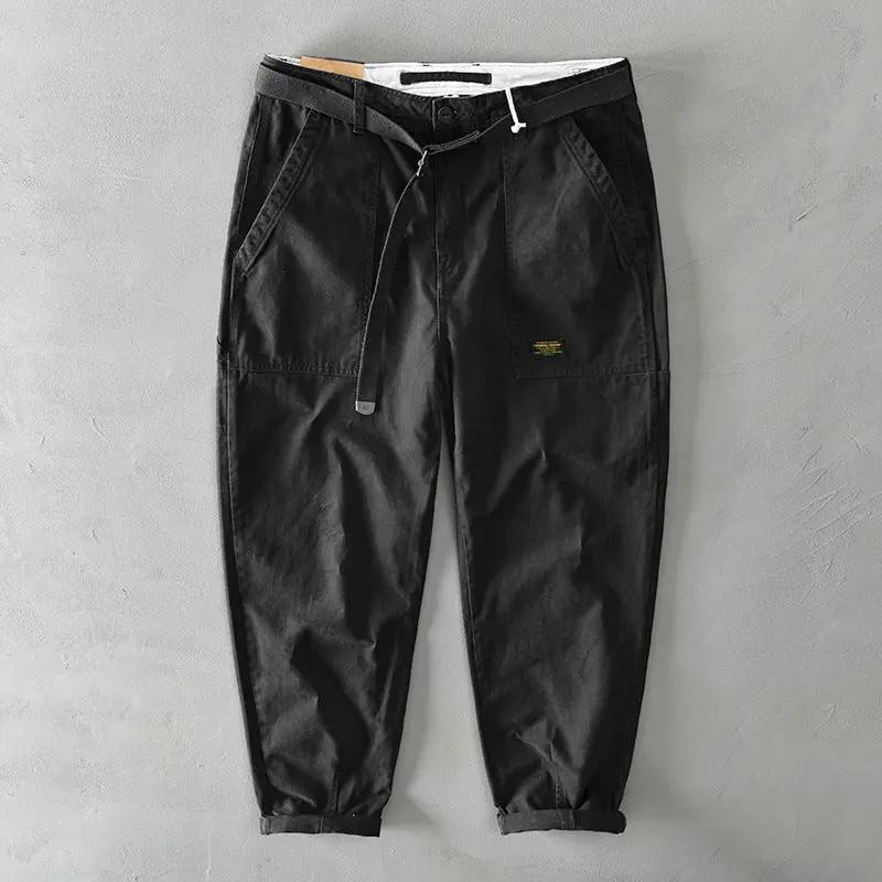 Black pure cotton men's cargo pants with belt, mid waist, loose jogger-fit with cuffed ankles