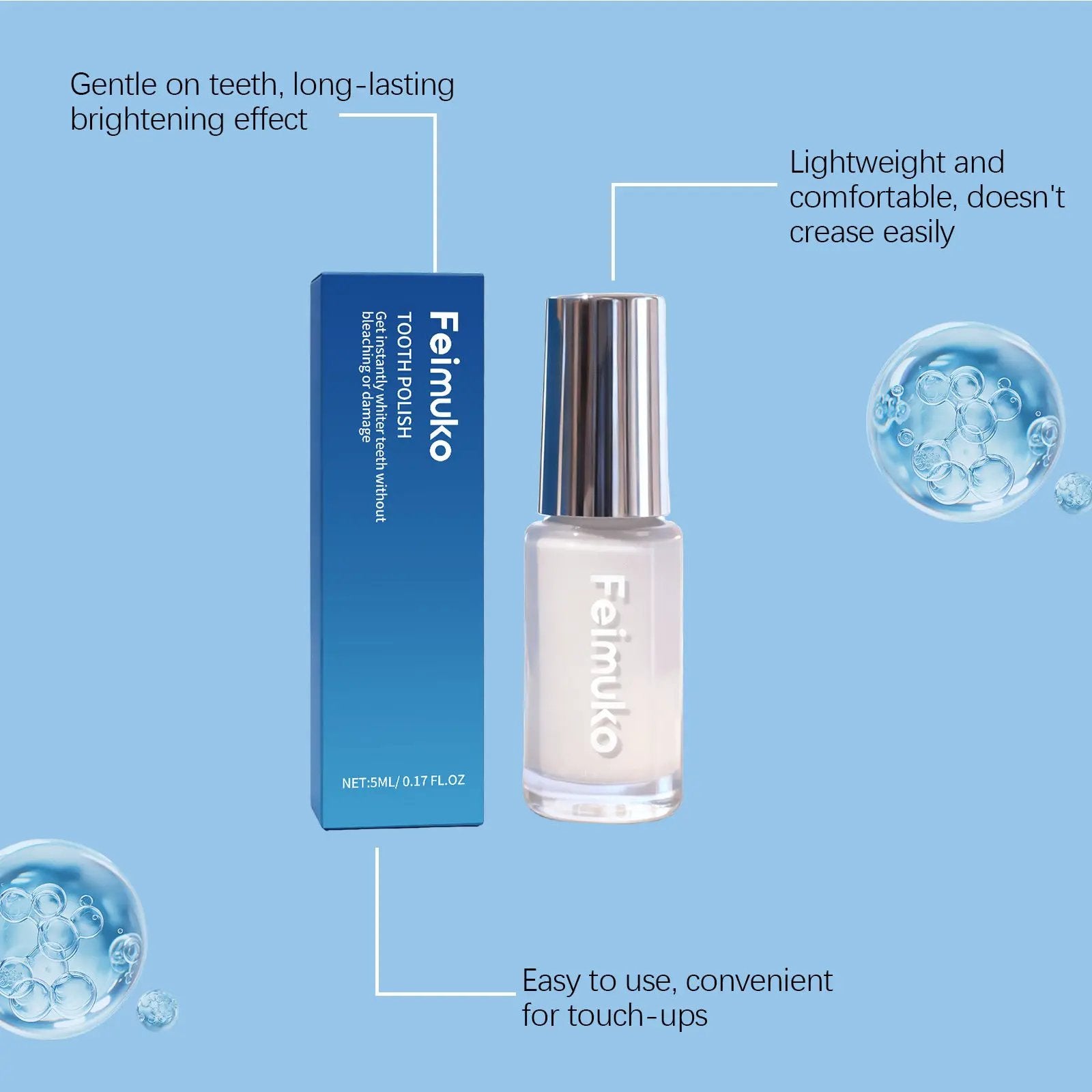 Feimuko 5ml tooth whitening paint bottle beside blue gradient box with silver cap