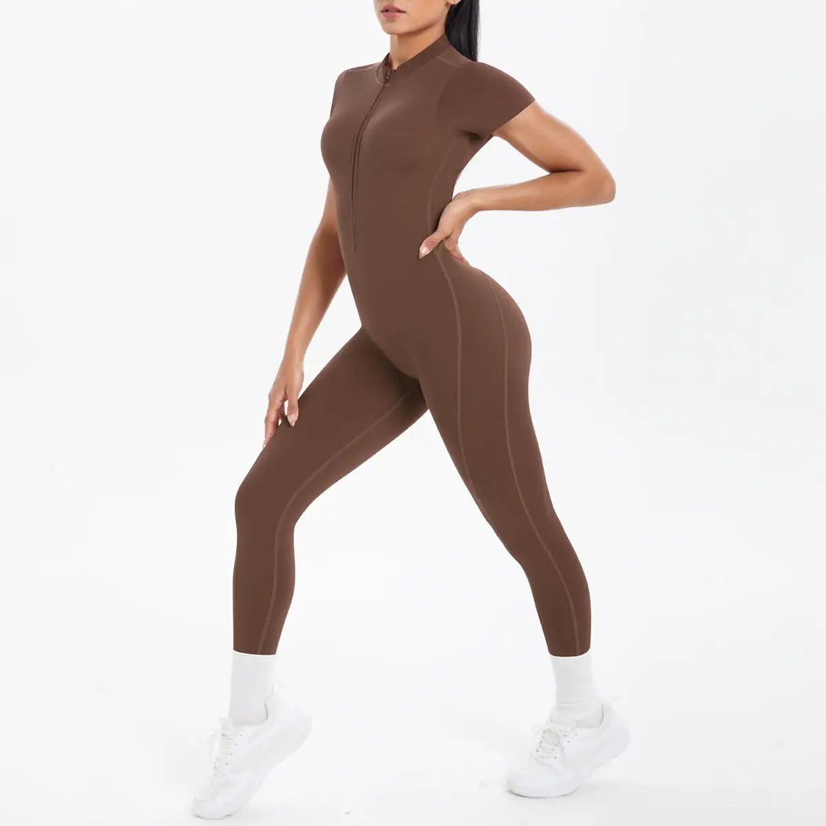 Sexy backless bodycon scrunch jumpsuit in brown with front zipper for dance fitness