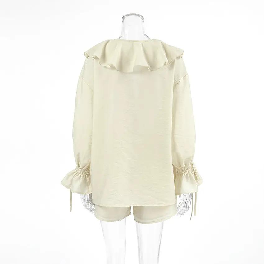 Tornova Womens Ruffled Shorts Sets V Neck Lace Up Shirt Spring Casual