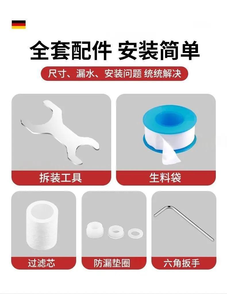 Simples Market brass faucet extender kit with tools, PTFE tape roll, filter cartridge, seals and hex key