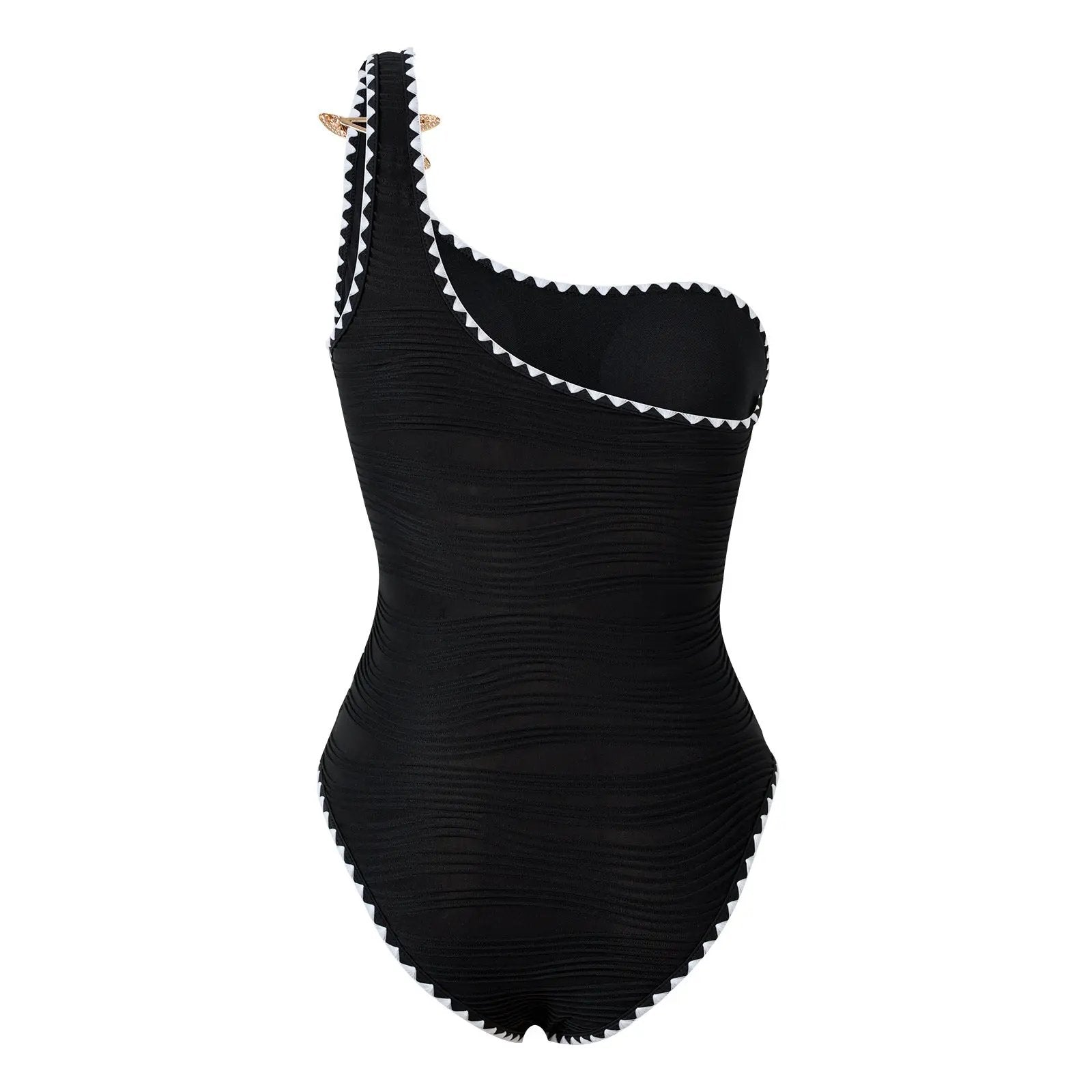 One-piece black swimsuit with white zigzag trim along edges and ribbed texture.