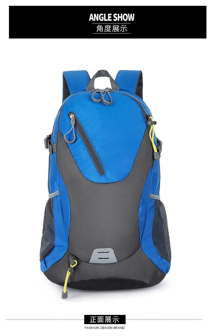 Classic 40L outdoor backpack by Simples Market in blue and gray with multiple zip pockets