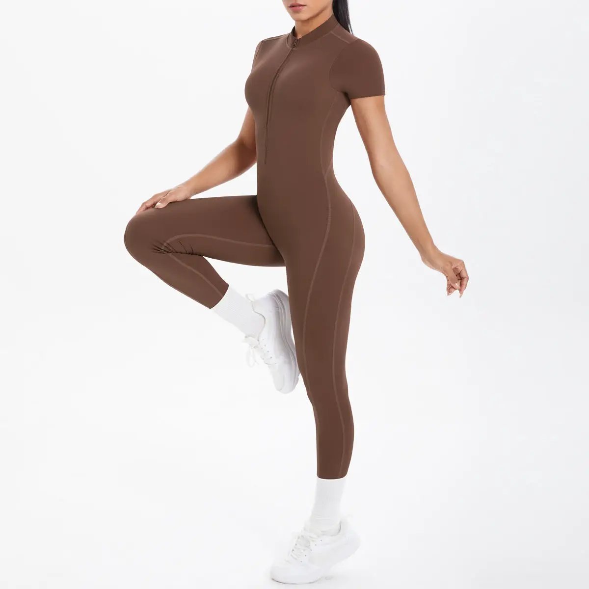 Simples Market brown sexy backless bodycon scrunch jumpsuit for women's dance fitness
