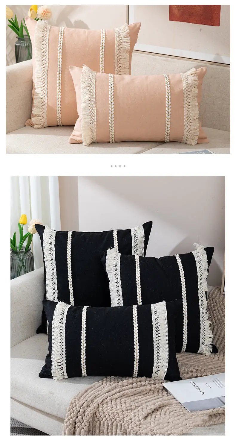 Bohemian tassel pillowcases set for living room; 2 pink macaron and 3 black cushions with white fringe