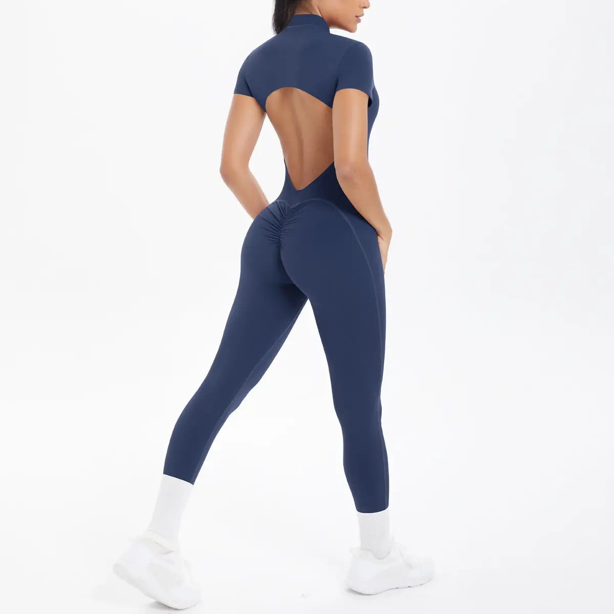 Backless scrunch jumpsuit for women; navy by Simples Market, form-fitting fitness bodysuit with open back