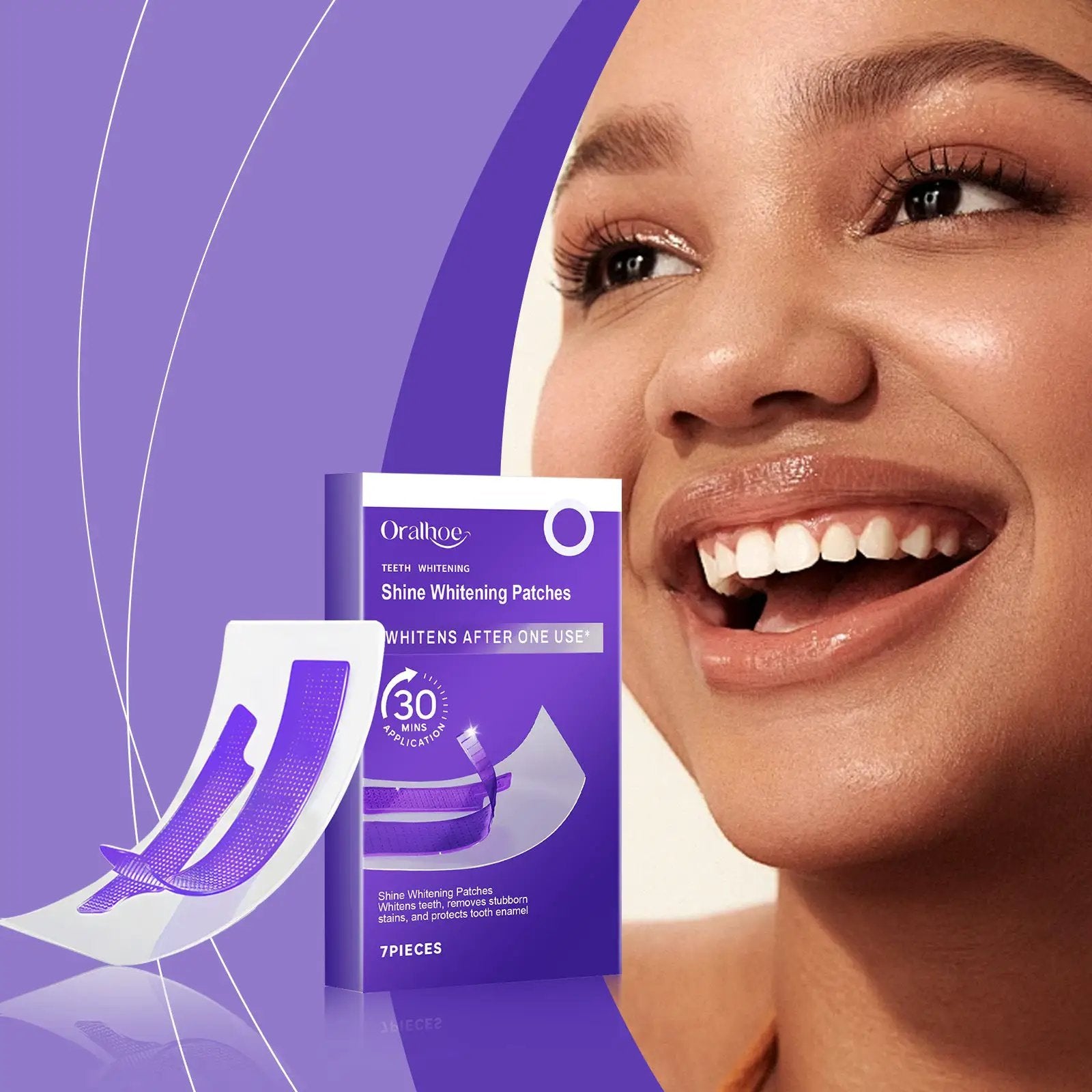 Teeth whitening patches, 7 pieces, Oralhoe brand, purple packaging, close-up of bright smile