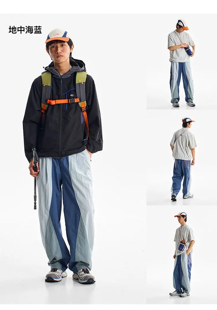 Men's outdoor lightweight quick-dry cargo pants, baggy wide-leg with color-block blue tones, Simples Market