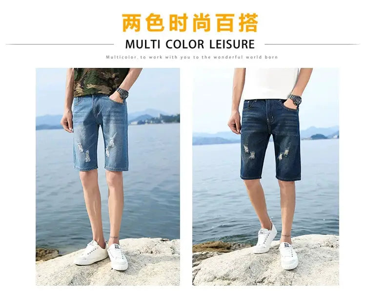 Men's denim shorts, light and dark wash with distressing, knee-length, two pairs shown by Simples Market