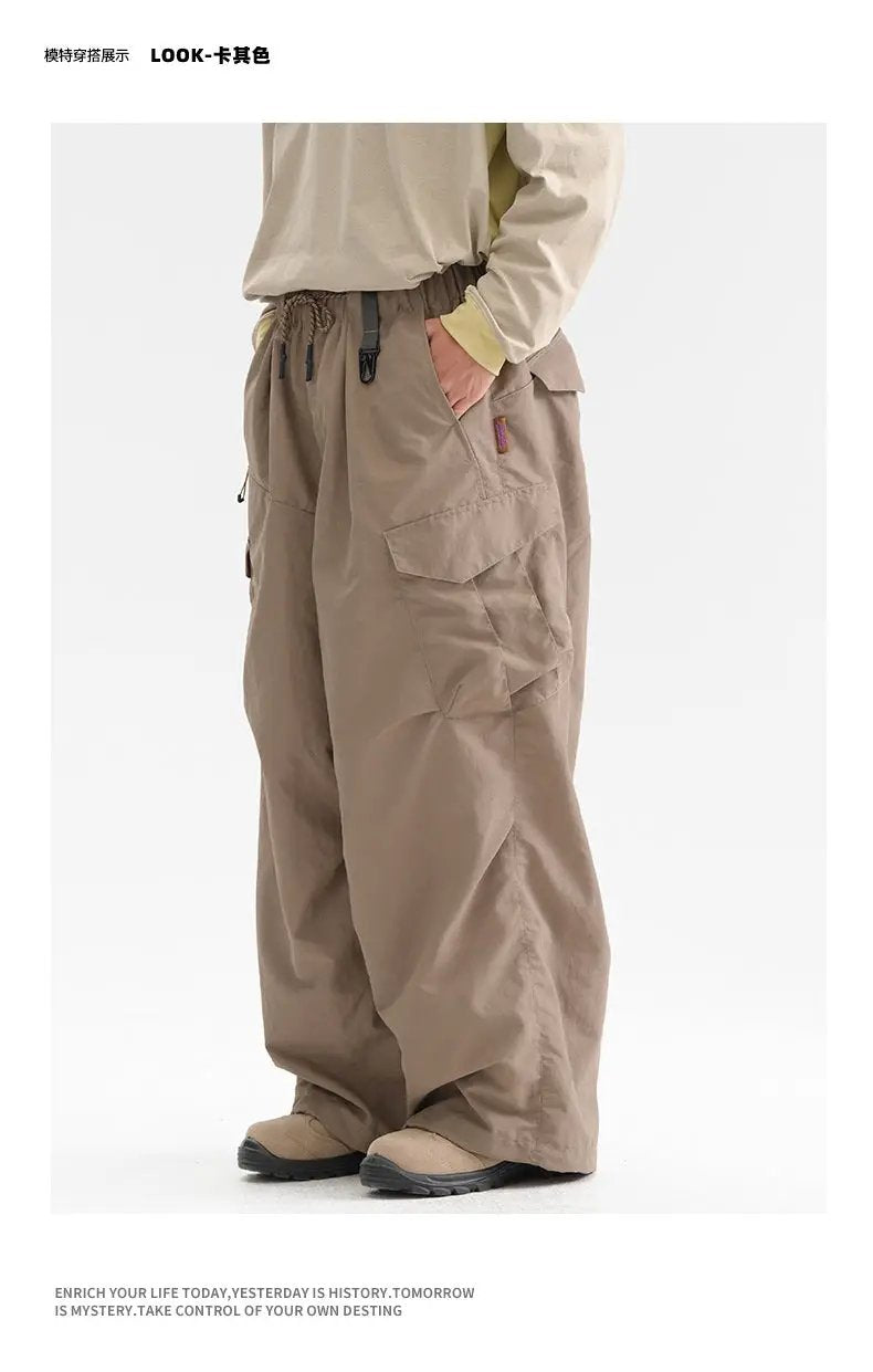 Ultra loose tan cargo pants, unisex wide-leg, lightweight outdoor with cargo pockets and adjustable drawstring waist
